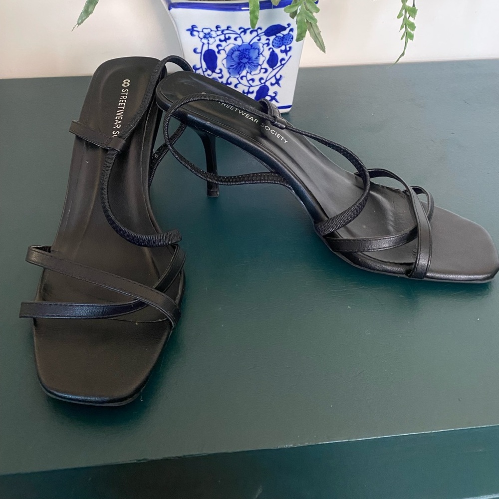 Y2K Black Strappy Heels Square Toe Slingback Sandals Size 8 Streetwear Society - Picture 8 of 14